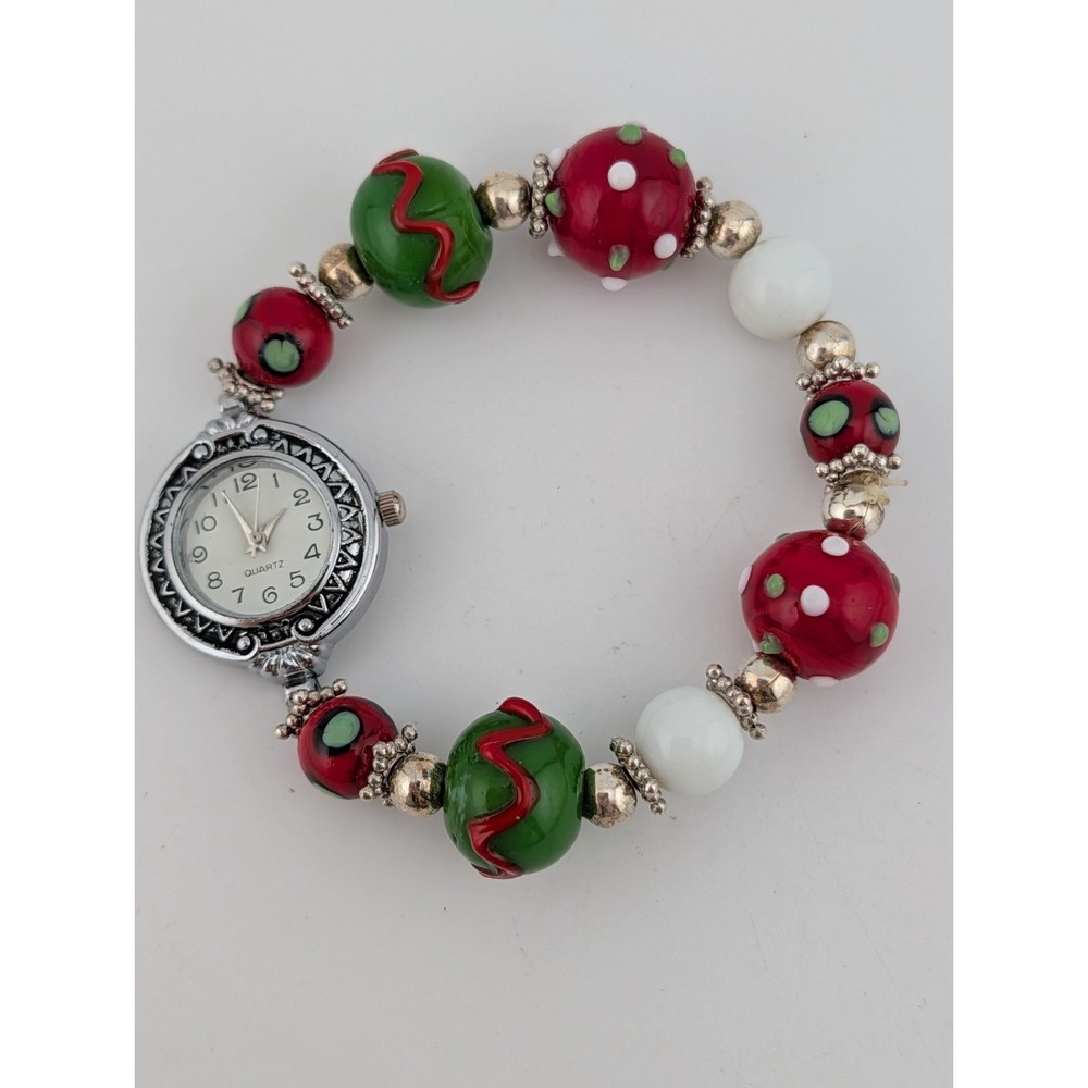 Beaded Watch Womens 24mm Case Glass Beads Green/Red/White- New Battery